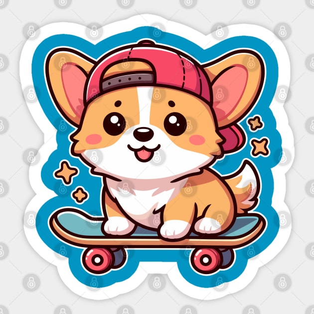 Kawaii Corgi Puppy on Skateboard Cute Dog Lover Sticker by Cuteness Klub